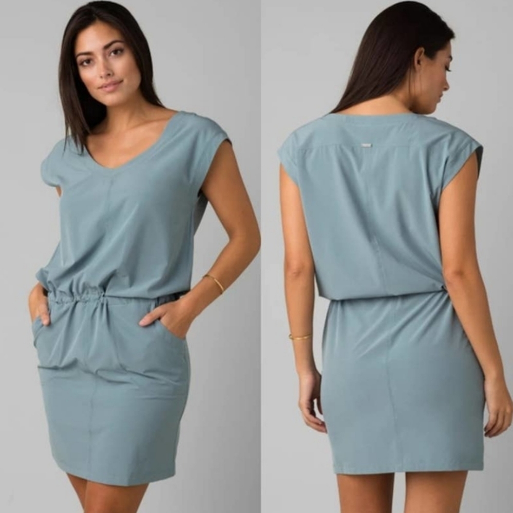 Prana Norma Drawstring Waist Dress Travel Leisure Dusty Blue Women